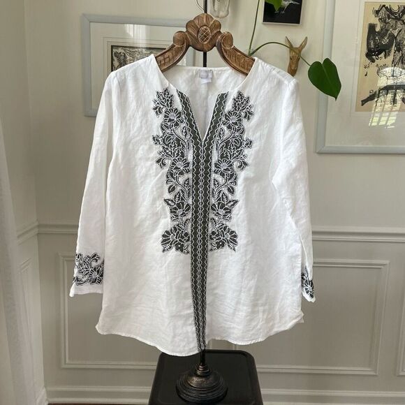 Chico’s Linen Blend Moss Green Floral Applique Tunic Top 2 12 M - Picture 2 of 7